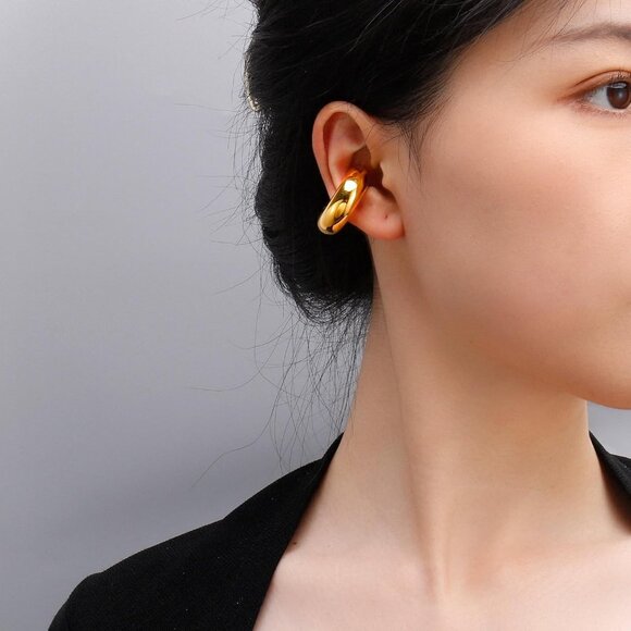 Chunky 14K Gold Plated Stainless Steel Hoop Ear Cuffs for Women Non Piercing - Picture 9 of 9